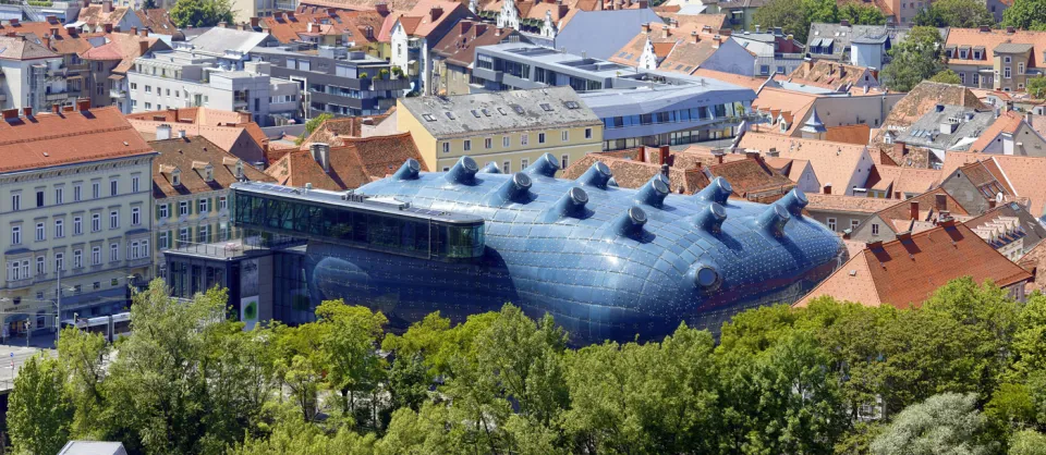 Graz Art Museum, view from Castle Mountain