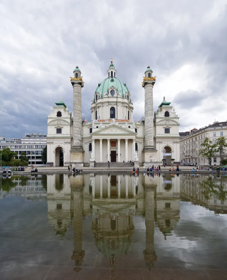 St. Charles Church, mirroring in the reflection pool