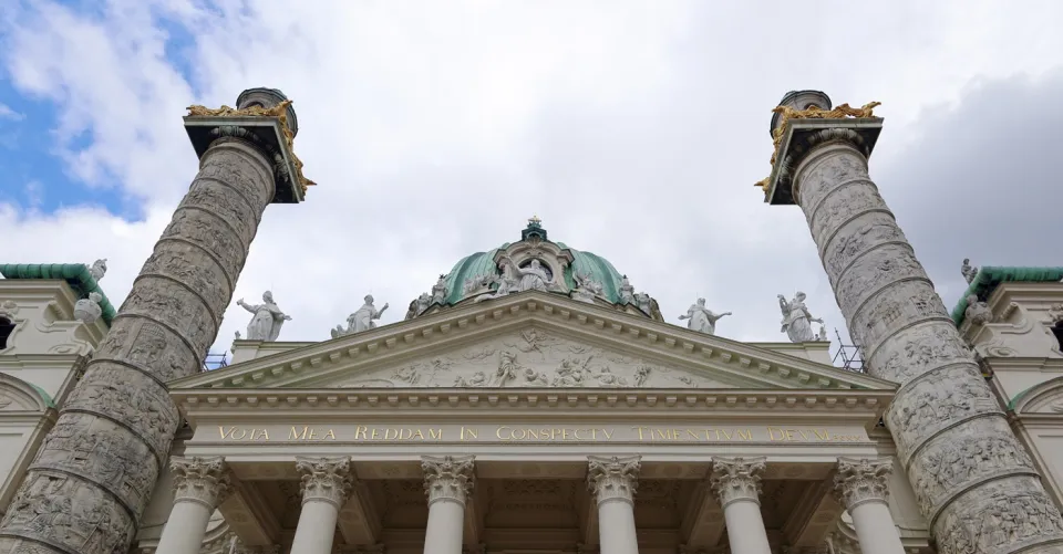 St. Charles Church, view up to pediment and relief columns