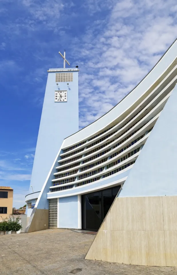 Our Lady Aparecida Church, bell tower and front with brise-soleil