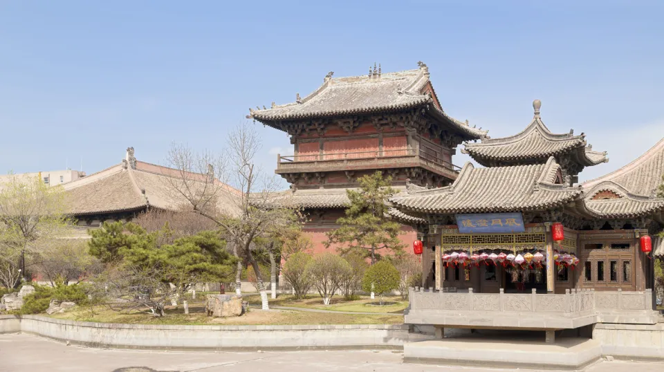Shanhua Temple, view from the West Garden to the Great Hall, Puxian Pavilion, and Xishang Pavilion