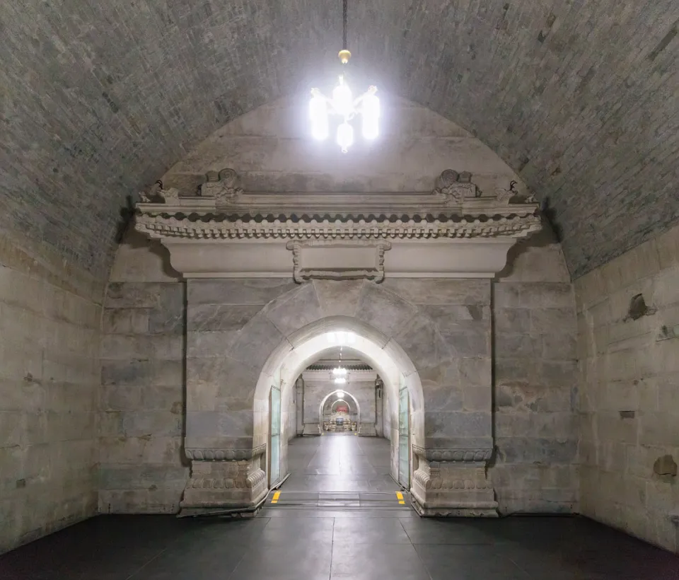 Ming Dingling Mausoleum, Underground Palace, view from the antechamber into the outer hall
