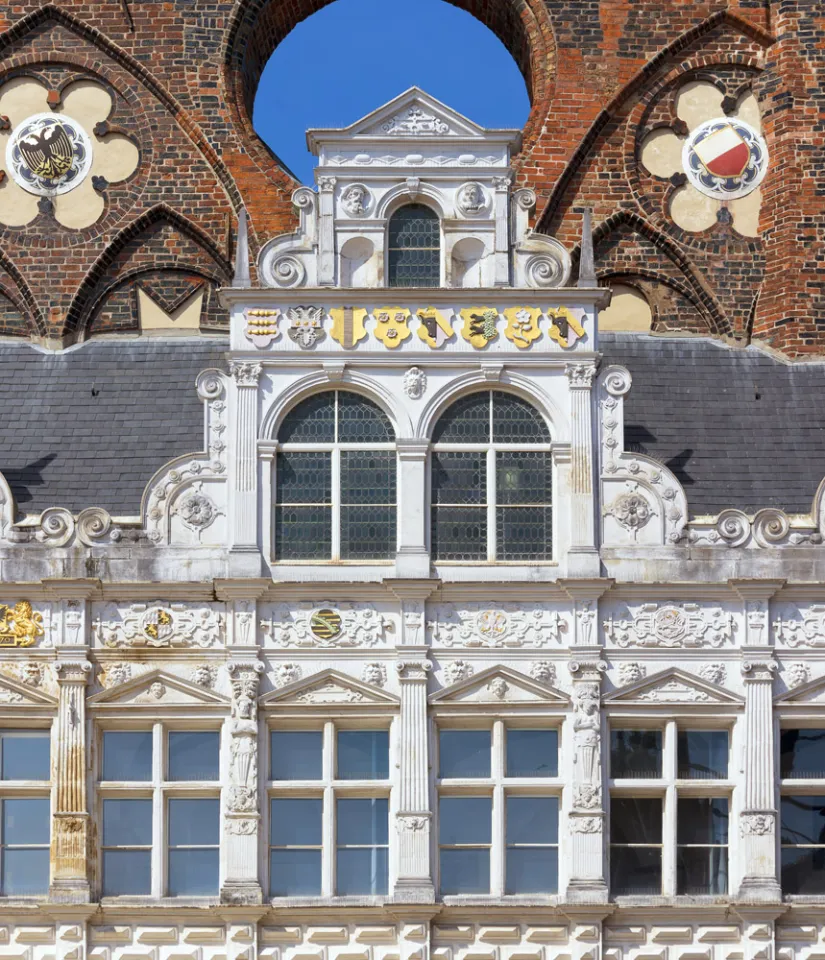 Lübeck City Hall, arcade porch building, facade detail with gable