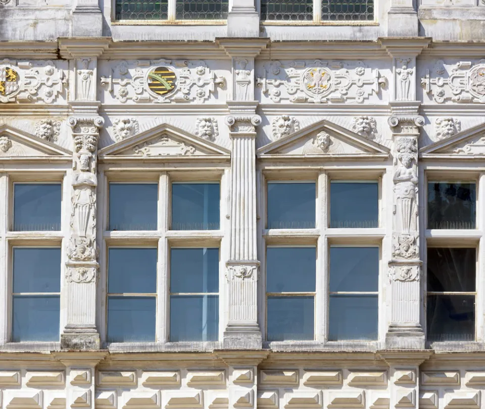 Lübeck City Hall, arcade porch building, facade detail with windows