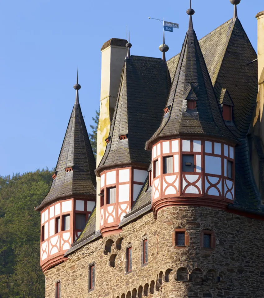 Eltz Castle, facade detail with spires Eltz Castle, facade detail with spires