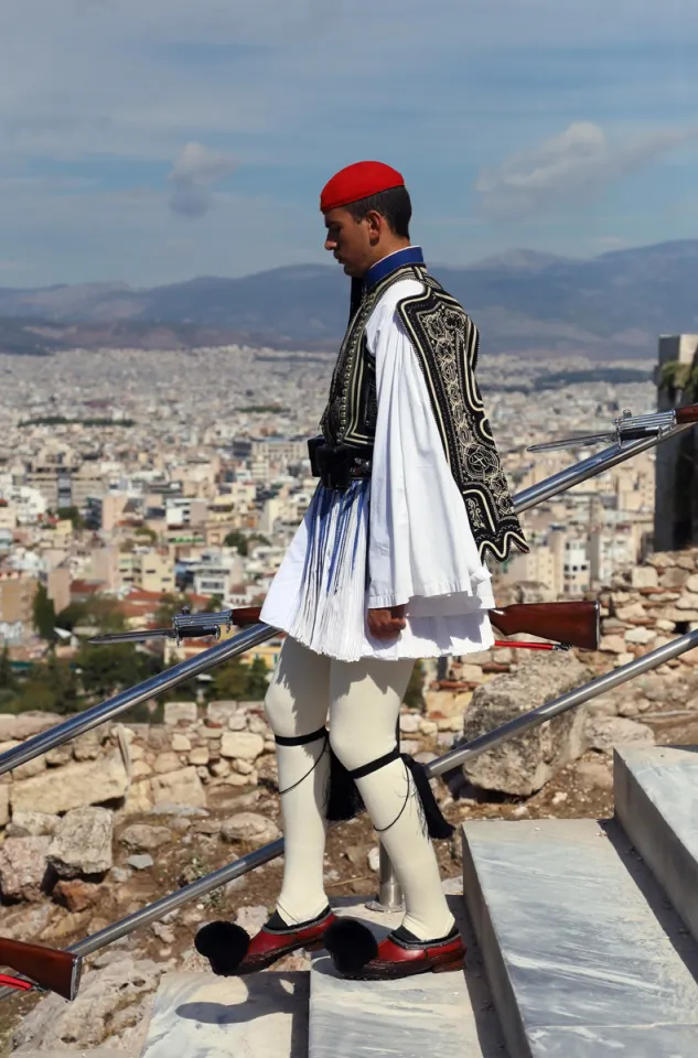 Evzone descending the Acropolis after Liberation Day ceremony