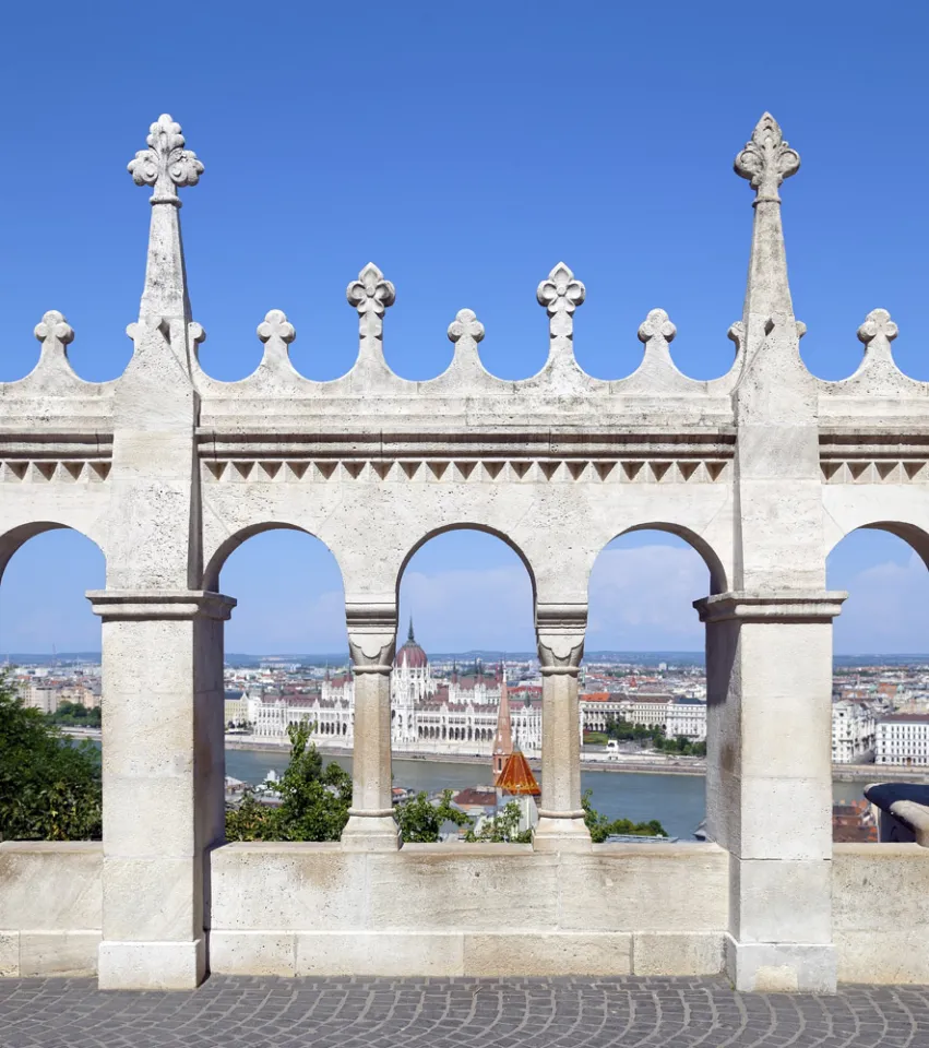 Fisherman's Bastion, View of the parliament building through window arcades 