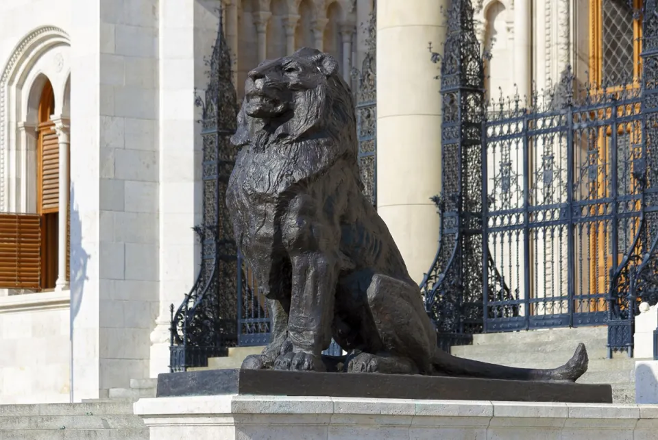 Hungarian Parliament Building, lion statue at the east entrance