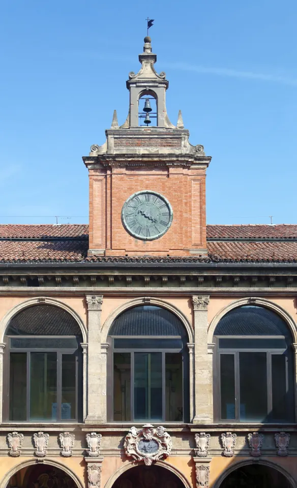 Archiginnasio Palace, facade detail and clock tower