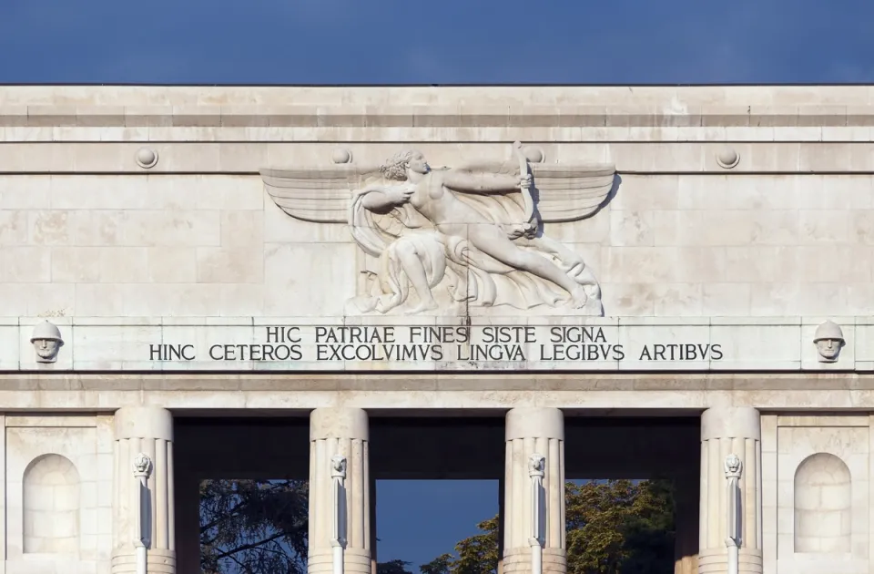 Bolzano Victory Monument, attic with relief and inscription