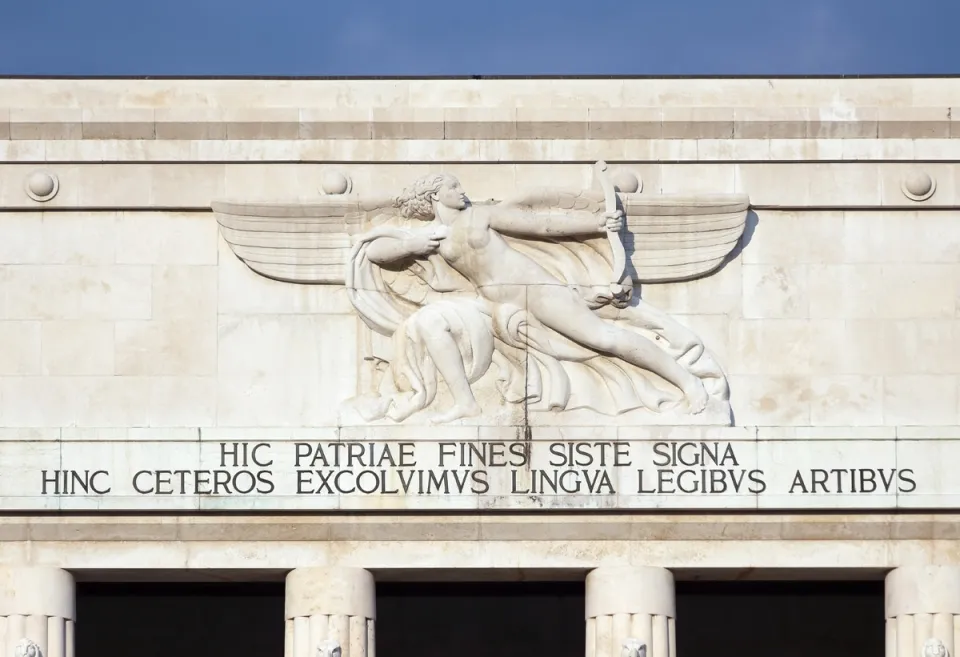 Bolzano Victory Monument, attic with relief and inscription