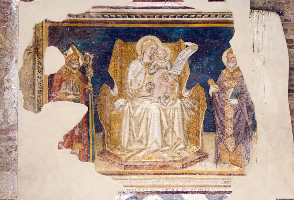 Municipal Palace of San Gimignano, fresco inside the arcades of the courtyard