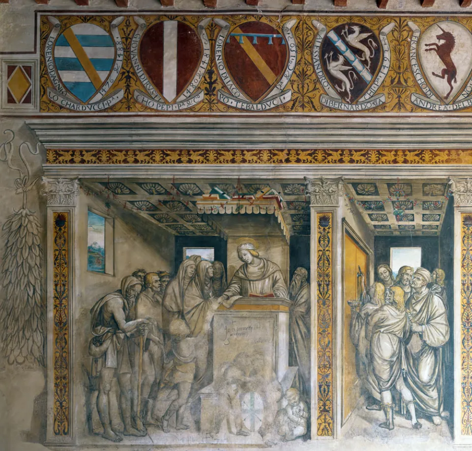 Municipal Palace of San Gimignano, frescos inside the arcades of the courtyard