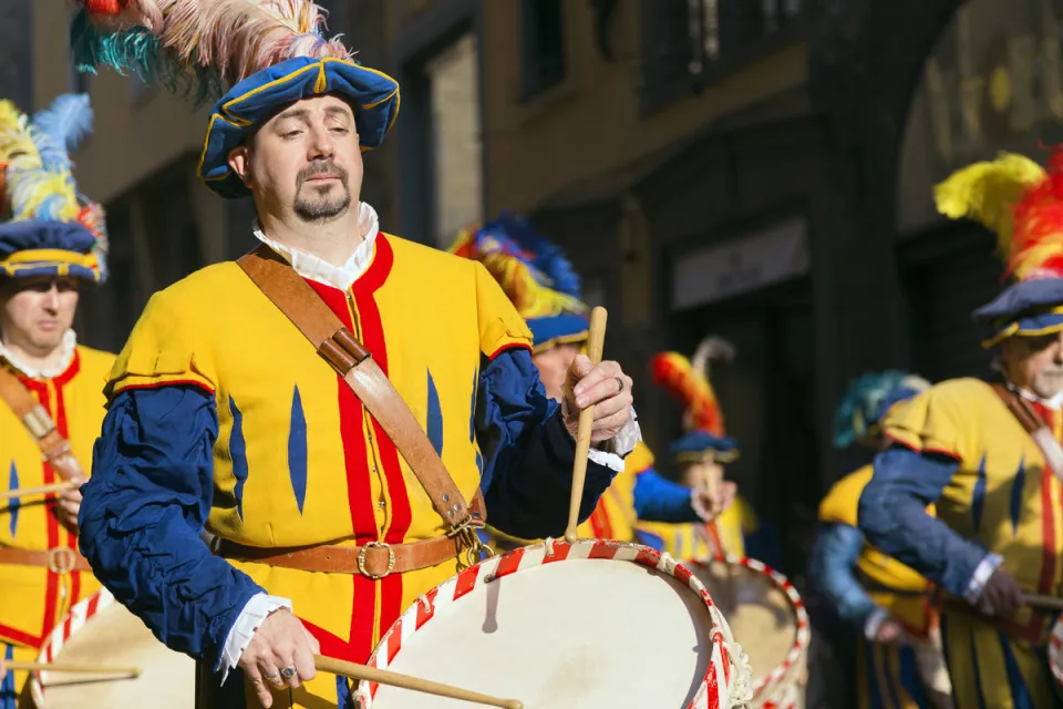 Drummer of the parade of the historic Florentine football teams heading to Piazza della Signoria