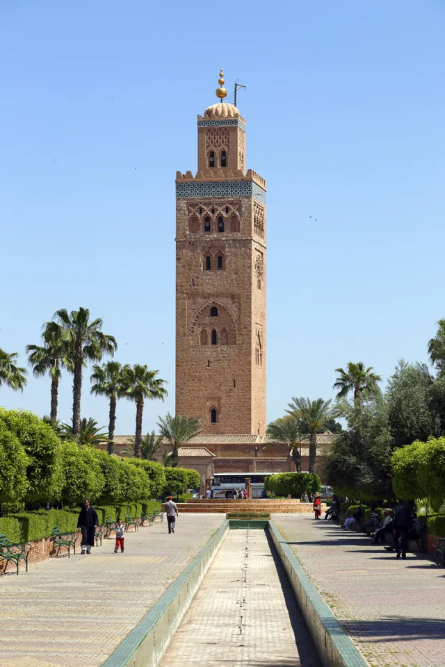 Koutoubia Mosque, minaret, seen from Lalla Hasna Park