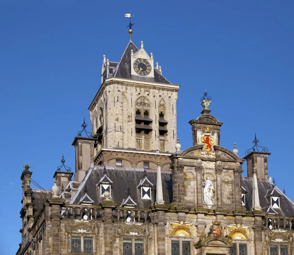 Delft City Hall, detail with roof and tower “De Steen”