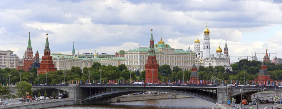 Moscow Kremlin behind Grand Stone Bridge, view from Patriarchal Bridge