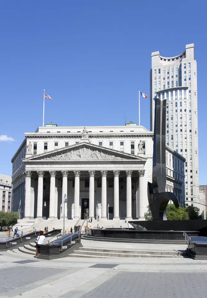 New York State Supreme Court Building, with Triumph of the Human Spirit Monument and Moynihan Courthouse