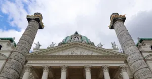 St. Charles Church, view up to pediment and relief columns