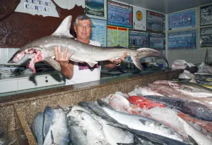 Fishmonger presenting catch of the day