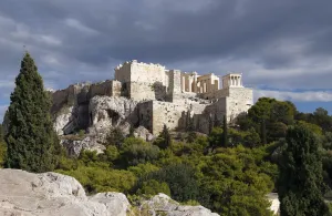 Acropolis of Athens, Propylaea, seen from Areopagus Rock