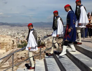 Evzones descending the Acropolis after Liberation Day ceremony
