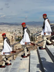 Evzones descending the Acropolis after Liberation Day ceremony