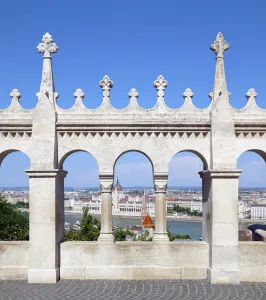 Fisherman's Bastion, View of the parliament building through window arcades