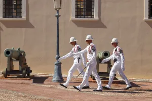 Soldiers enter the changing of the guard in front of the Prince's Palace of Monaco