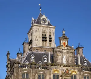 Delft City Hall, detail with roof and tower “De Steen”