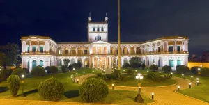 López Palace, south facade illuminated at night