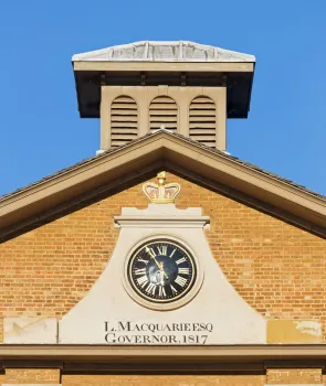 Hyde Park Barracks, detail of the pediment with clock and inscription
