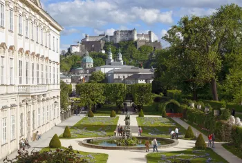 Mirabell Palace, gardens, view to Hohensalzburg Fortress