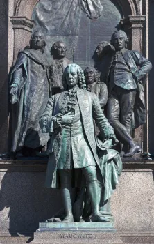 Maria Theresa Monument, relief and statue “administration” with the statue of Friedrich Wilhelm von Haugwitz