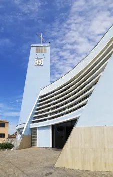 Our Lady Aparecida Church, bell tower and front with brise-soleil
