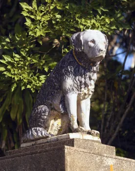 Chácara do Céu, dog statue at the entrace to the estate