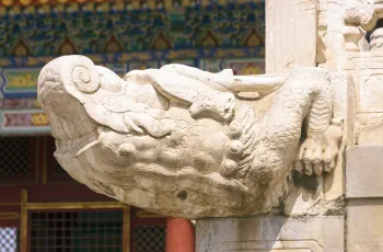 Forbidden City, Hall of Supreme Harmony, dragon sculpture at the corner of the marble terrace