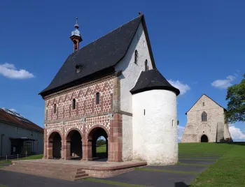 Lorsch Abbey, King's Hall, with church fragments in the background