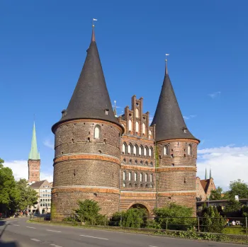 Holsten Gate, gable turret with statue of Madonna and Child | Lübeck ...