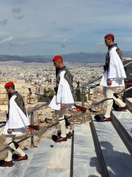 Evzones descending the Acropolis after Liberation Day ceremony