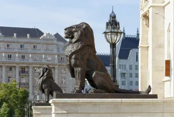 Hungarian Parliament Building, lion statues at the east entrance