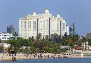 Saifee Hospital, west elevation, with Chowpatty beach in the front
