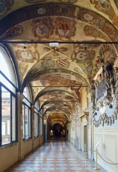 Archiginnasio Palace, second floor gallery with coat of arms paintings and reliefs