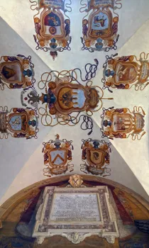 Archiginnasio Palace, vault with coat of arms fresco and memorial plate