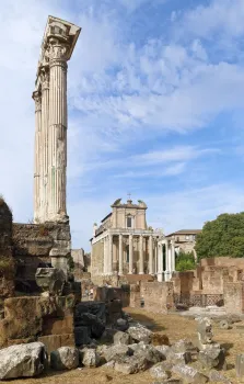 Roman Forum, view on Temple of Antoninus and Faustina with columns of Temple of Castor on the left