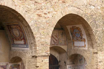 Municipal Palace of San Gimignano, detail of the arcades of the courtyard
