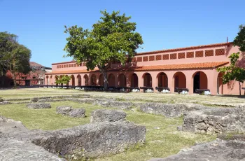 Fort Jesus, inner courtyard with chapel ruins and museum galery (former barracks) in the background
