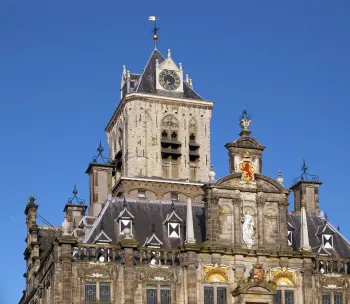 Delft City Hall, detail with roof and tower “De Steen”