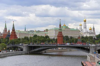 Moscow Kremlin behind Grand Stone Bridge, view from Patriarchal Bridge
