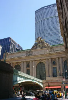 Grand Central Terminal, south facade, Pershing Square Bridge, MetLife Building in the background